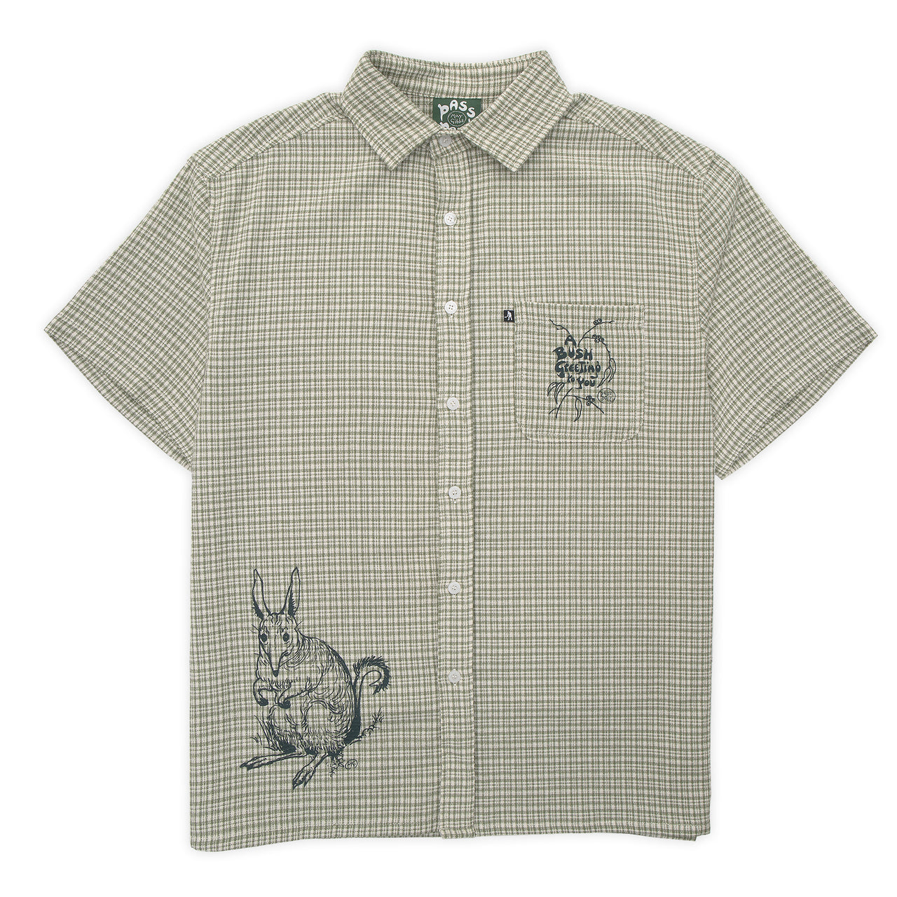 PASS~PORT X MAY GIBBS - BUSH GREETINGS WORKERS CHECK SHIRT S/S - MOSS GREEN