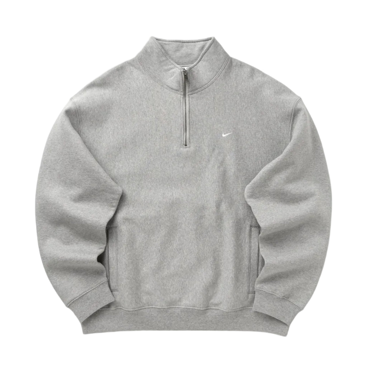 Gray sweatshirt with a small logo on a white background
