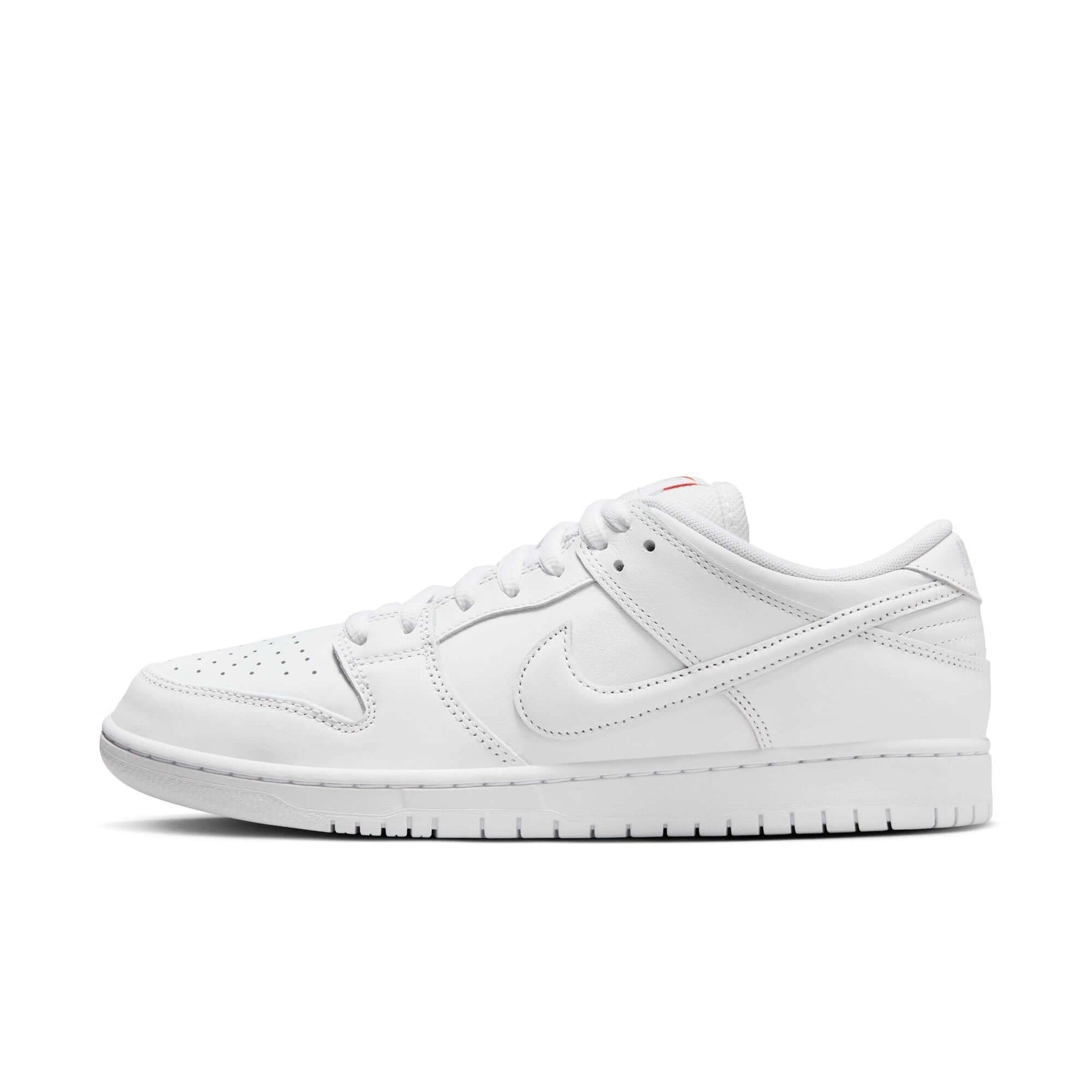 Nike SB Dunk Low Pro White sneaker with padded low-cut collar and rubber outsole showcasing retro basketball style.