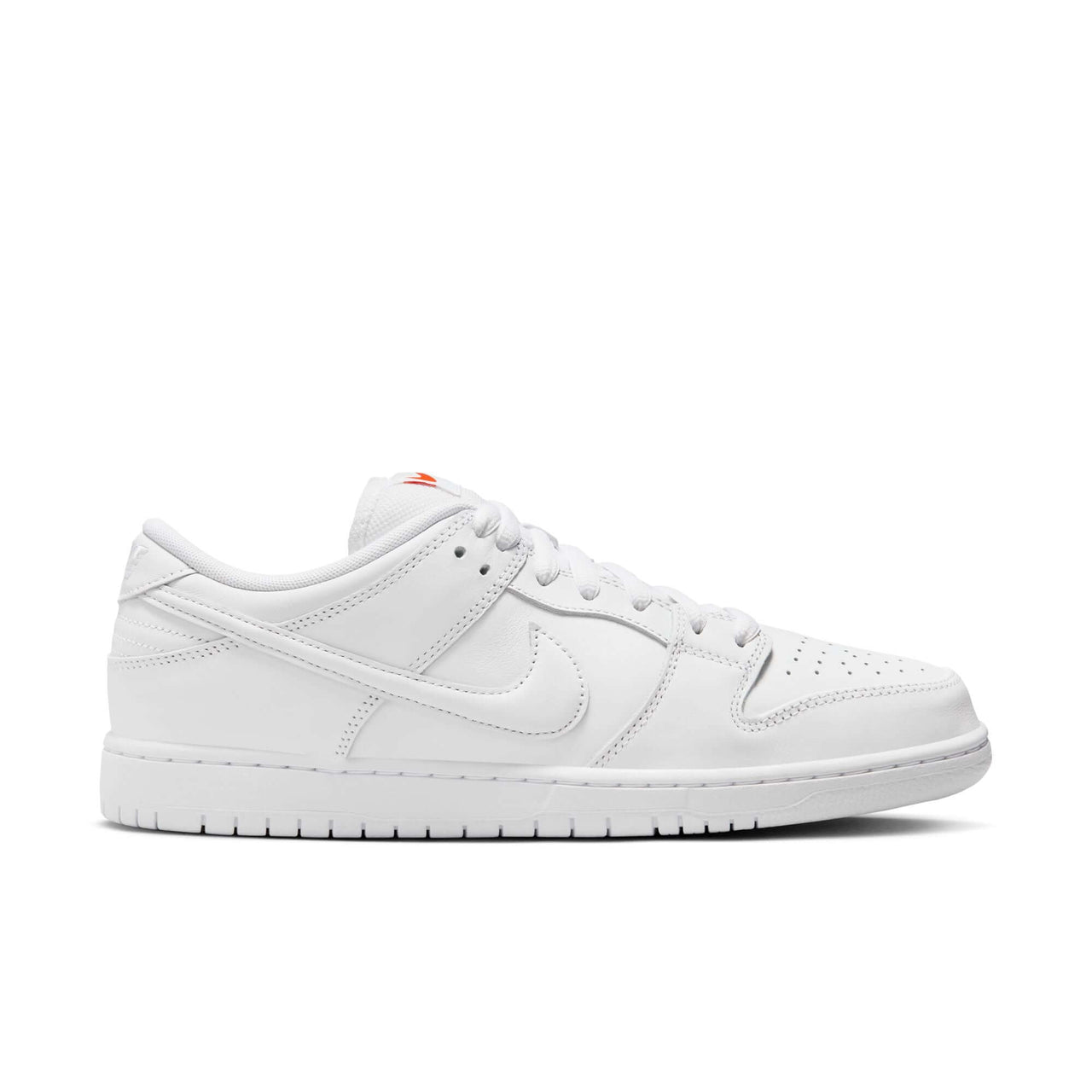 NIKE SB Dunk Low Pro in White - 80s b-ball icon with padded low-cut collar, foam midsole, and durable rubber outsole.