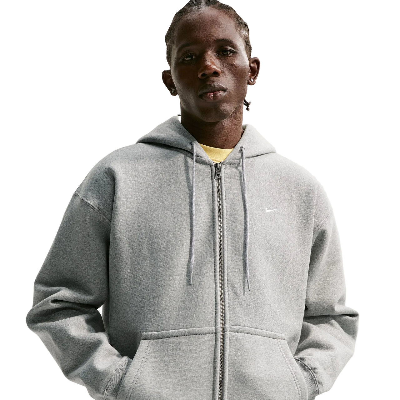 NIKE - SOLO SWOOSH FULL-ZIP FLEECE HOODIE - GREY HEATHER / WHITE