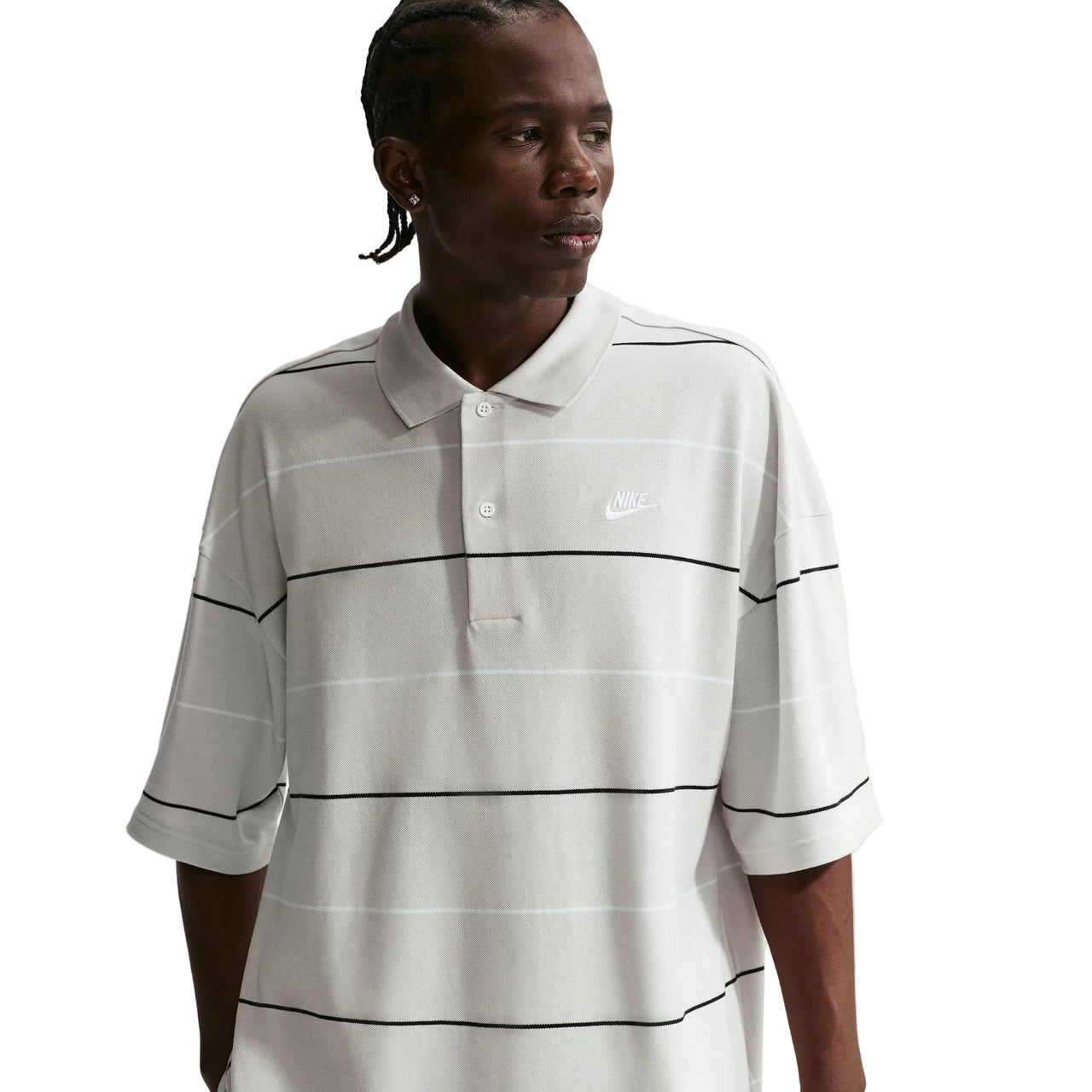 NIKE - SPORTSWEAR CLUB OVERSIZED STRIPED POLO - VAST GREY / WHITE