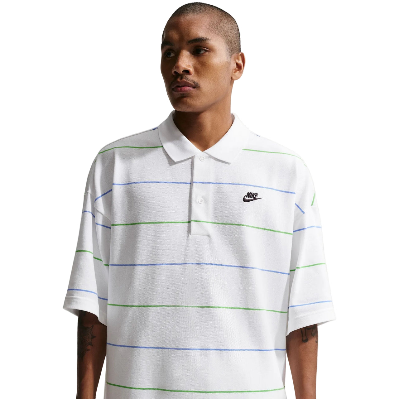 NIKE - SPORTSWEAR CLUB OVERSIZED STRIPED POLO - WHITE / BLACK