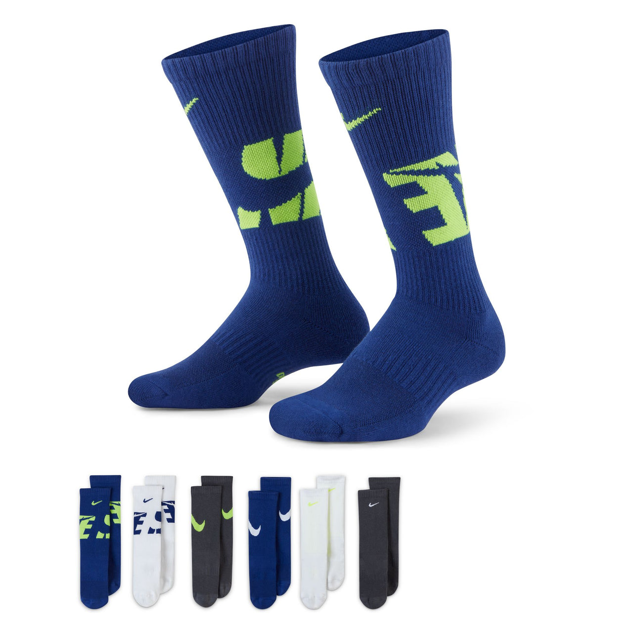 NIKE - EVERYDAY KIDS CUSHIONED CREW SOCKS (6 PAIRS) - BLUE / WHITE / BLACK