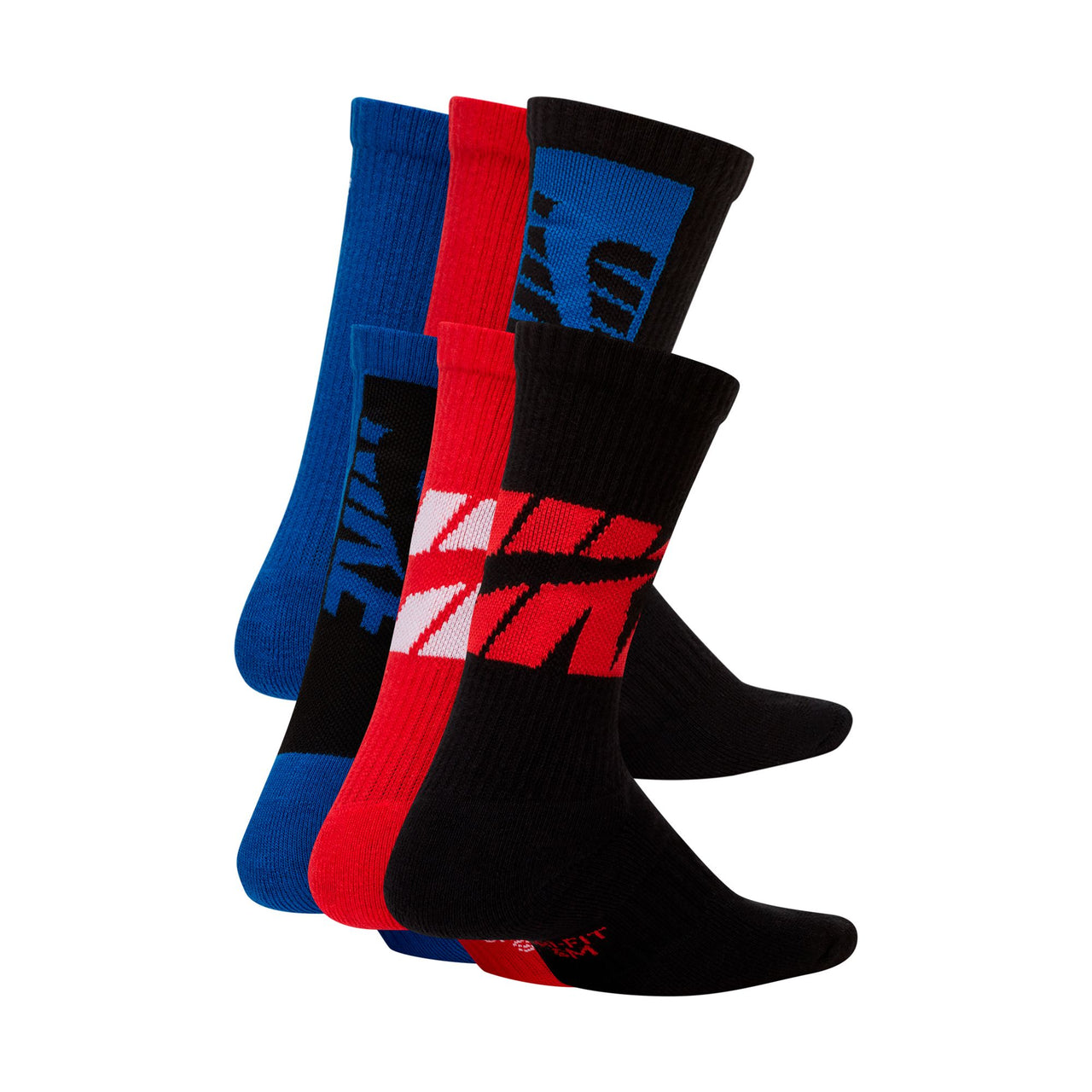 NIKE - EVERYDAY KIDS CUSHIONED CREW SOCKS (6 PAIRS) - RED / BLACK / BLUE