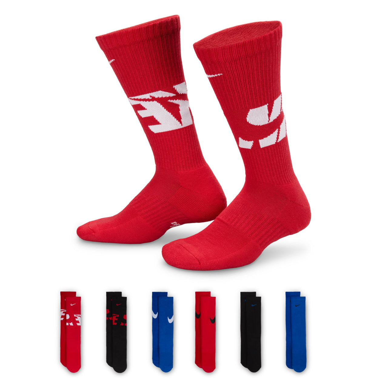 NIKE - EVERYDAY KIDS CUSHIONED CREW SOCKS (6 PAIRS) - RED / BLACK / BLUE