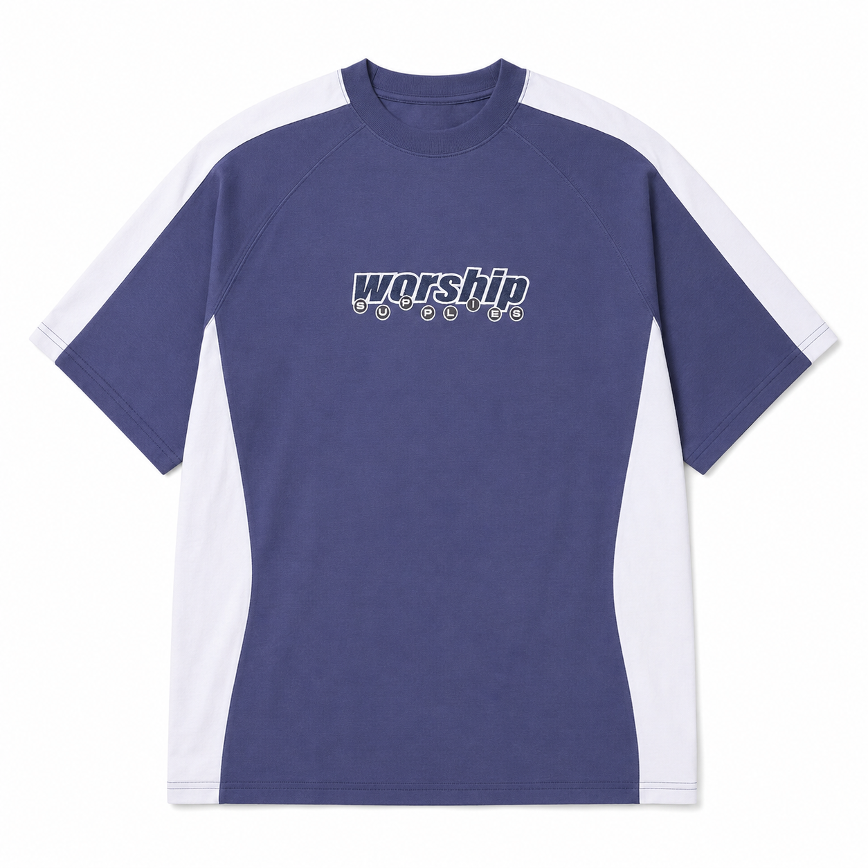 A short-sleeve athletic t-shirt in a slate blue color with white side panels and sleeves, featuring a 'worship' graphic printed in white and black across the chest.