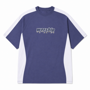 A short-sleeve athletic t-shirt in a slate blue color with white side panels and sleeves, featuring a 'worship' graphic printed in white and black across the chest.