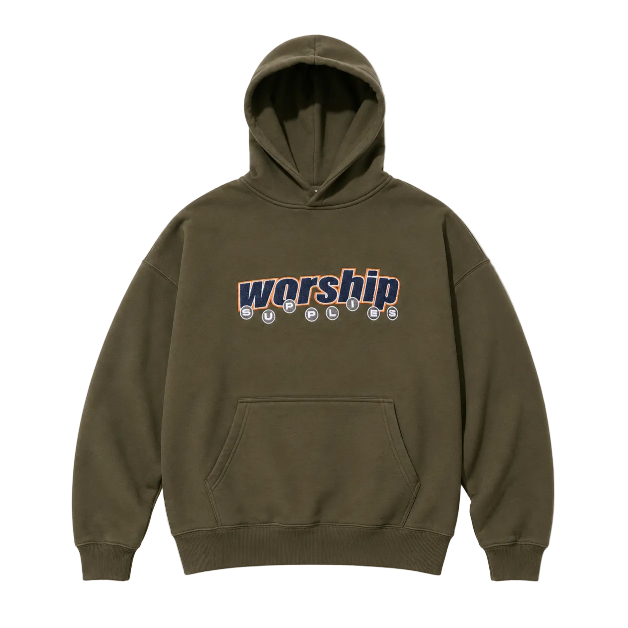 Green hoodie with 'worship' text on a white background