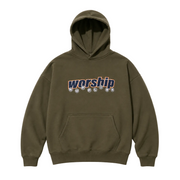 Green hoodie with 'worship' text on a white background