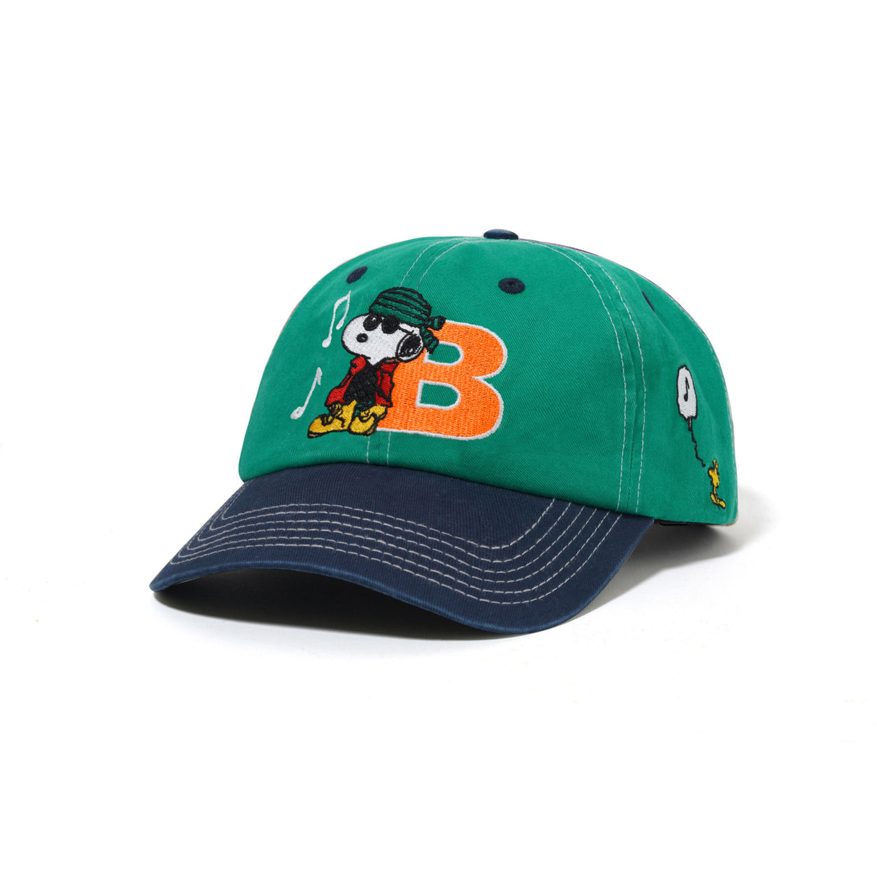 BUTTER GOODS X PEANUTS - MUSIC SNAPBACK CAP - WASHED KELLY GREEN / NAVY