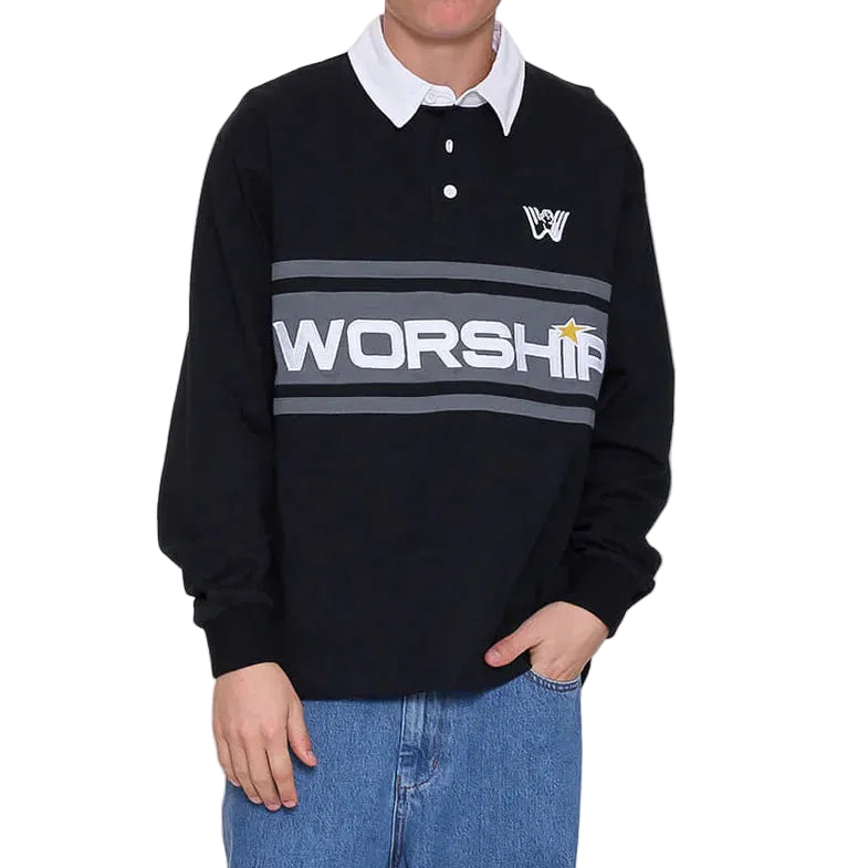 WORSHIP - LASER LONG SLEEVE RUGBY POLO - BLACK