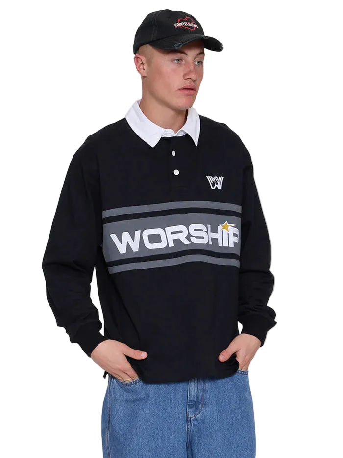 WORSHIP - LASER LONG SLEEVE RUGBY POLO - BLACK
