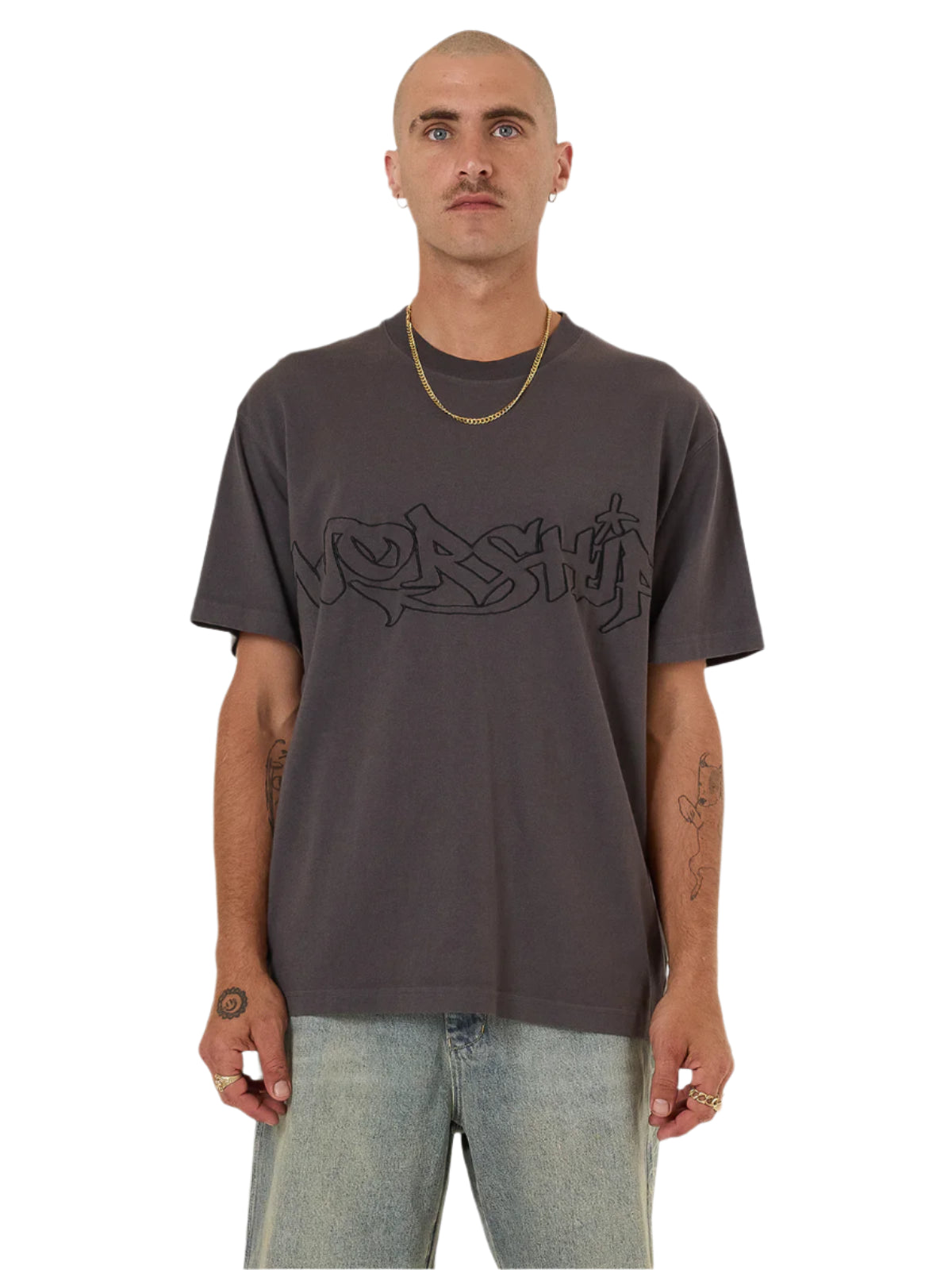 Man wearing a dark gray t-shirt with a logo on a white background