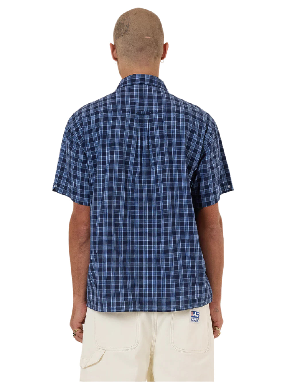 Person wearing a blue checkered shirt on a white background