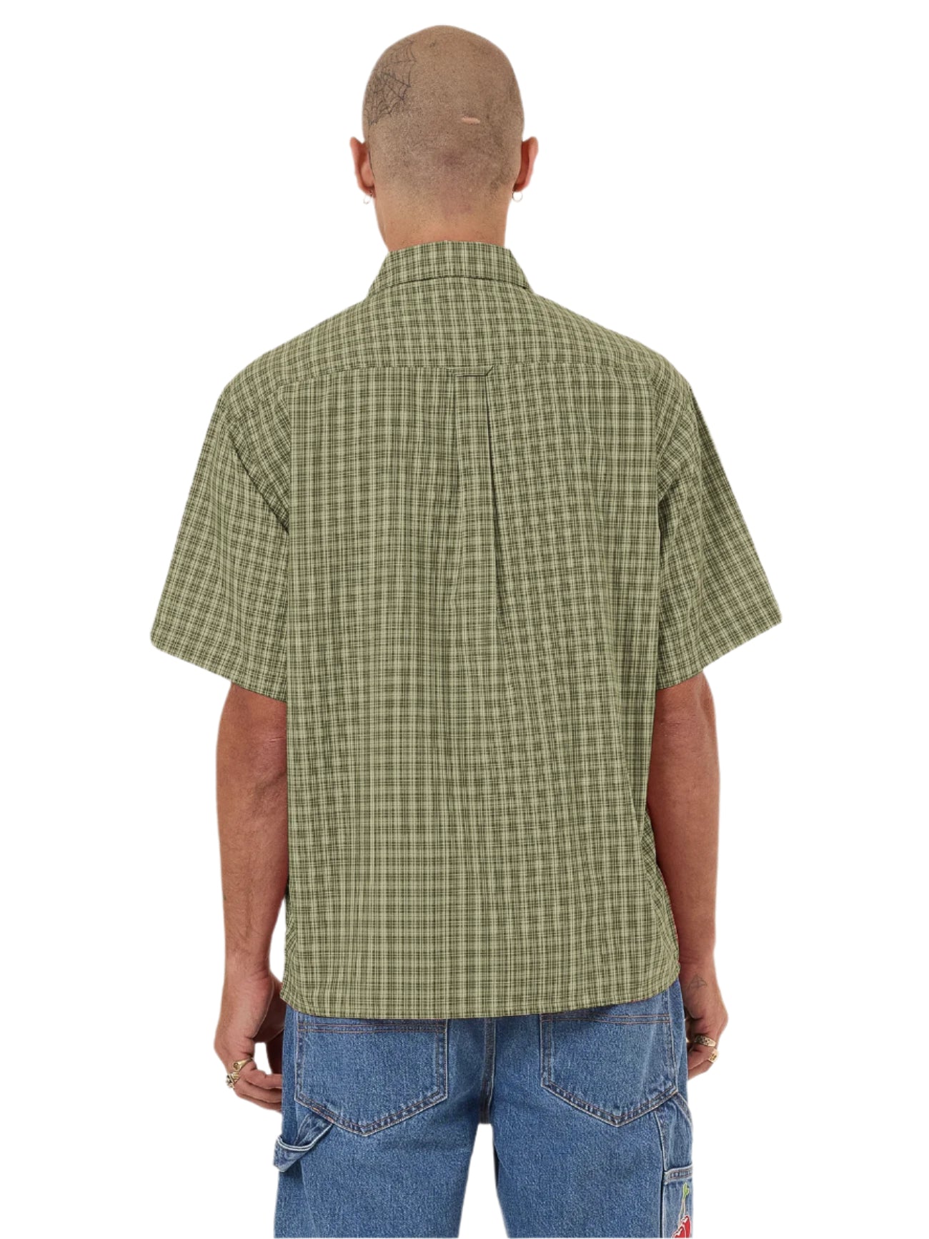 Person wearing a green checkered shirt on a white background