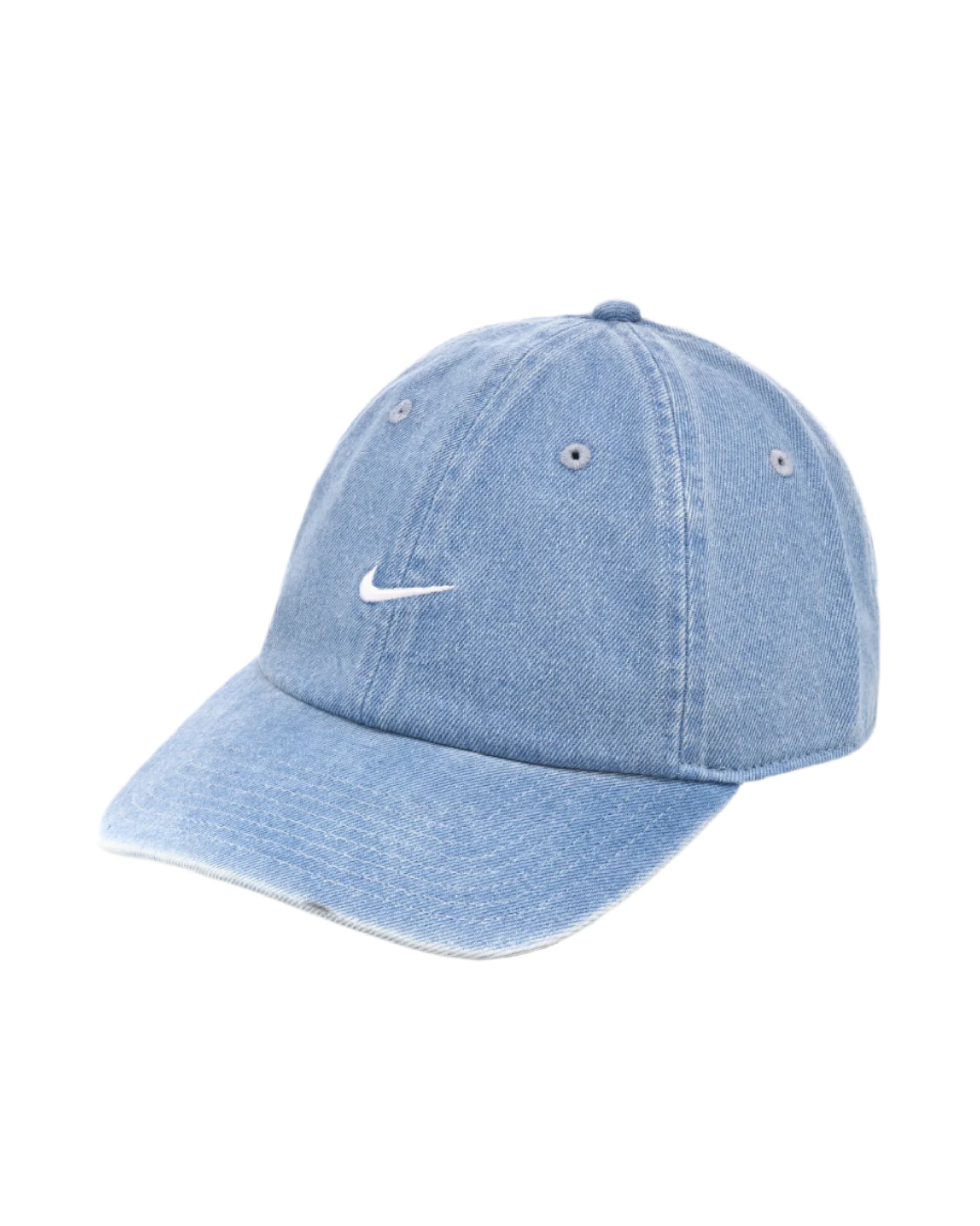 Blue denim cap with Nike logo on a white background