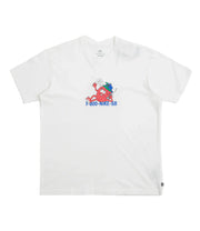 White t-shirt with colorful graphic design on a white background