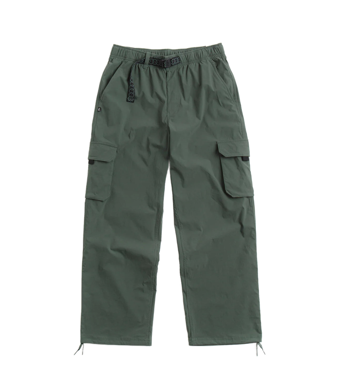 Nike SB Kearny Cargo Pant in Vintage Green with white ties for ankle cinching, 6 pockets for essentials, lightweight and sweat-wicking fabric.