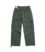 Nike SB Kearny Cargo Pant in Vintage Green with six pockets, shown flat with elastic waistband and ties at the hem for adjustable fit
