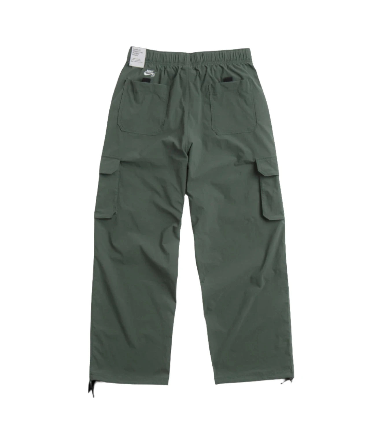 Nike SB Kearny Cargo Pant in Vintage Green with six pockets, shown flat with elastic waistband and ties at the hem for adjustable fit